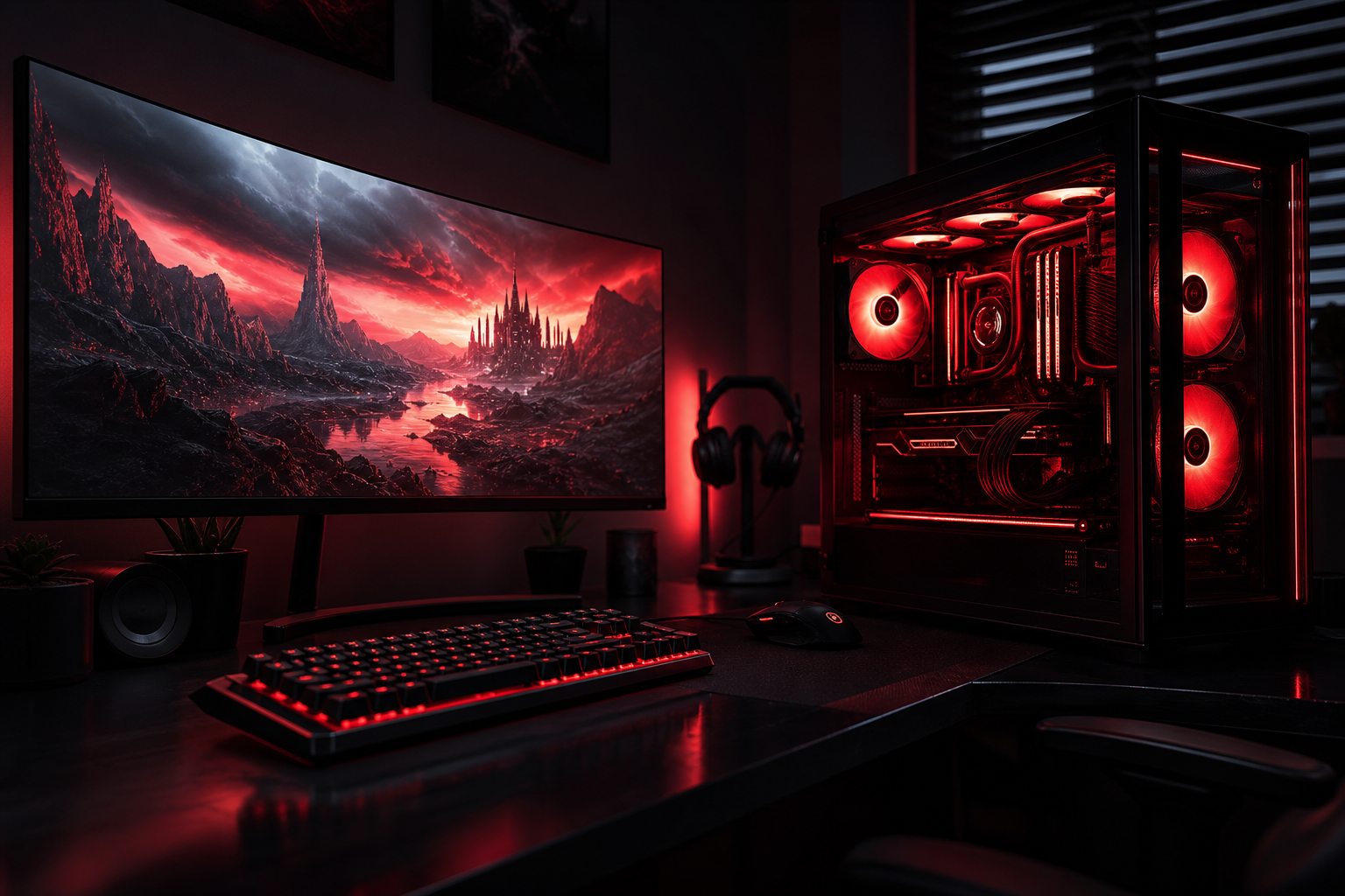 Battlestation gaming con PC flagship illuminato di rosso